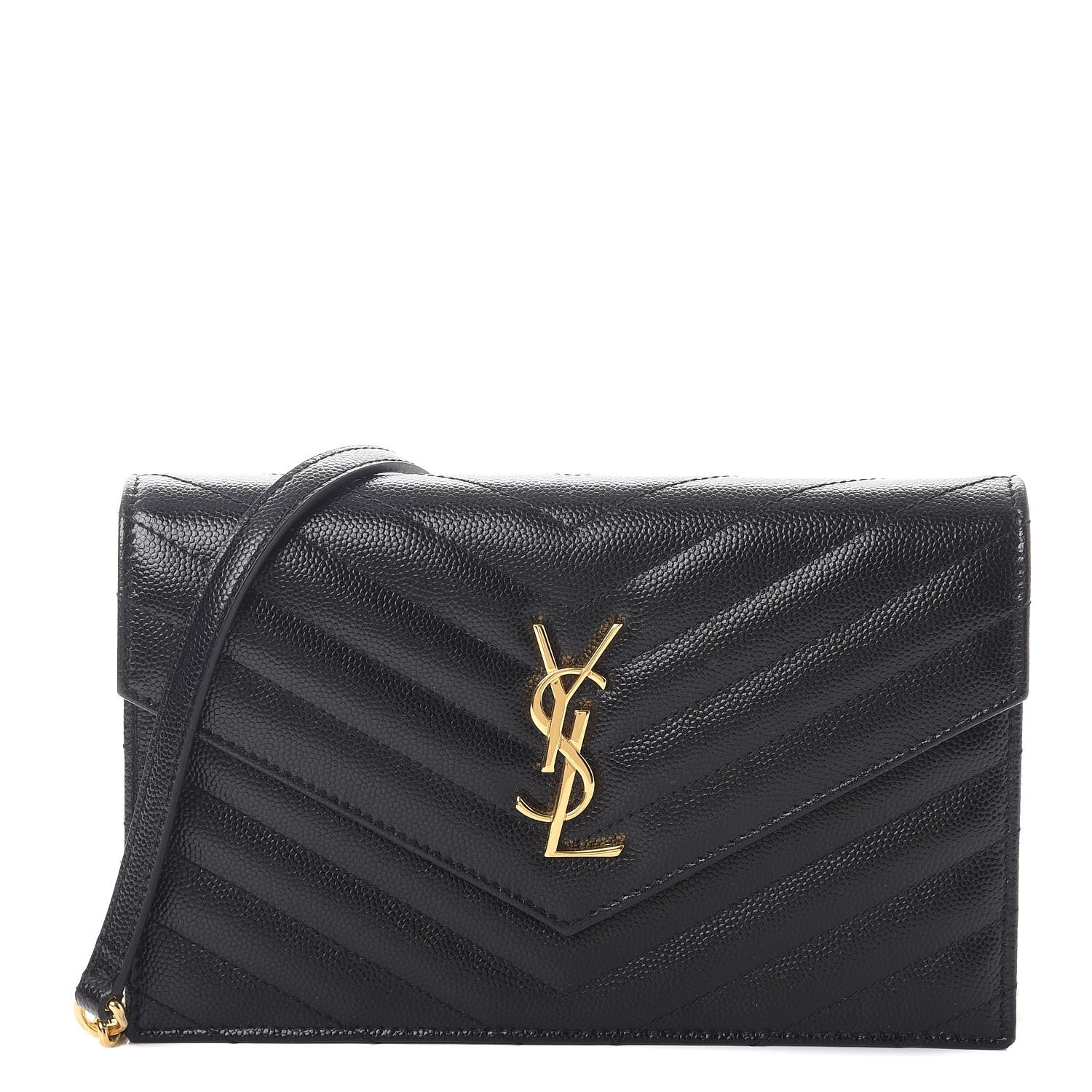 Saint Laurent Grain De Poudre Matelasse Chevron Monogram Envelope Chain Wallet Black 1 of 9