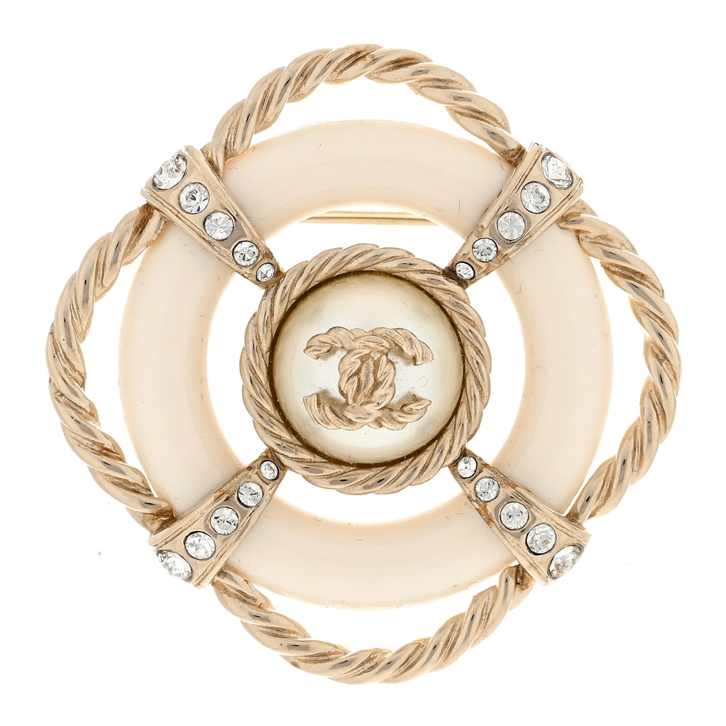 Pearl Crystal CC Brooch Gold White