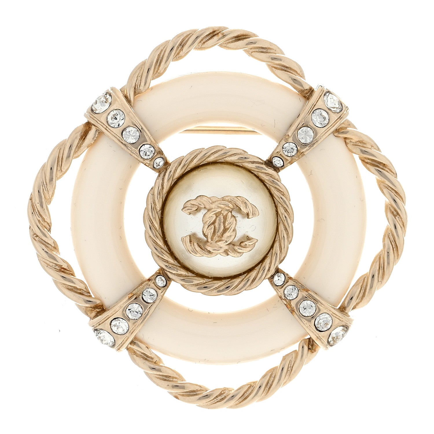 Chanel Pearl Crystal CC Brooch Gold White 1 of 4