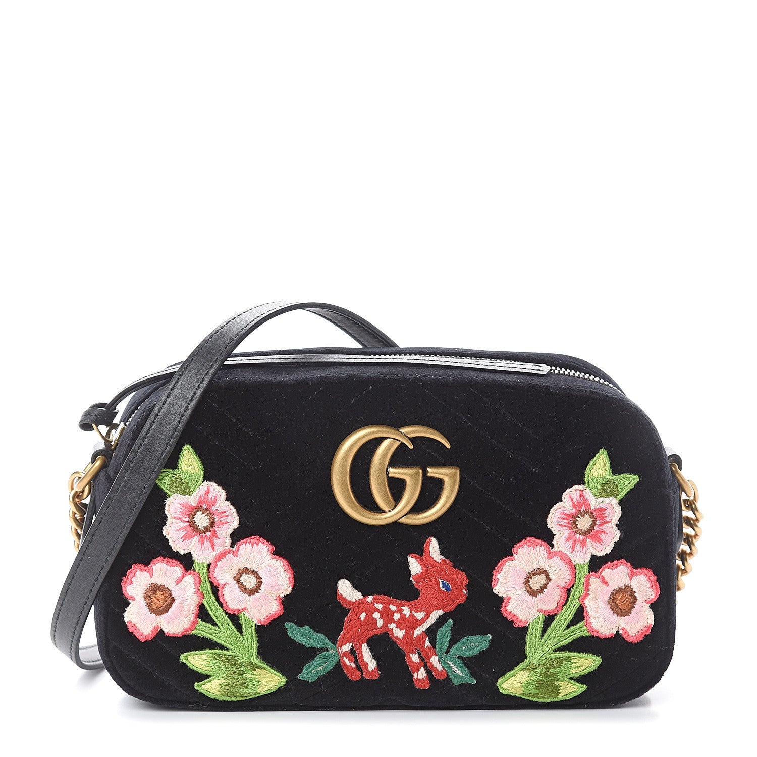 Gucci Velvet Matelasse Deer Embroidered Small GG Marmont Chain Shoulder Bag Black 1 of 8