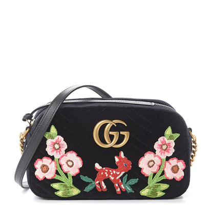 Gucci Velvet Matelasse Deer Embroidered Small GG Marmont Chain Shoulder Bag Black 1 of 8