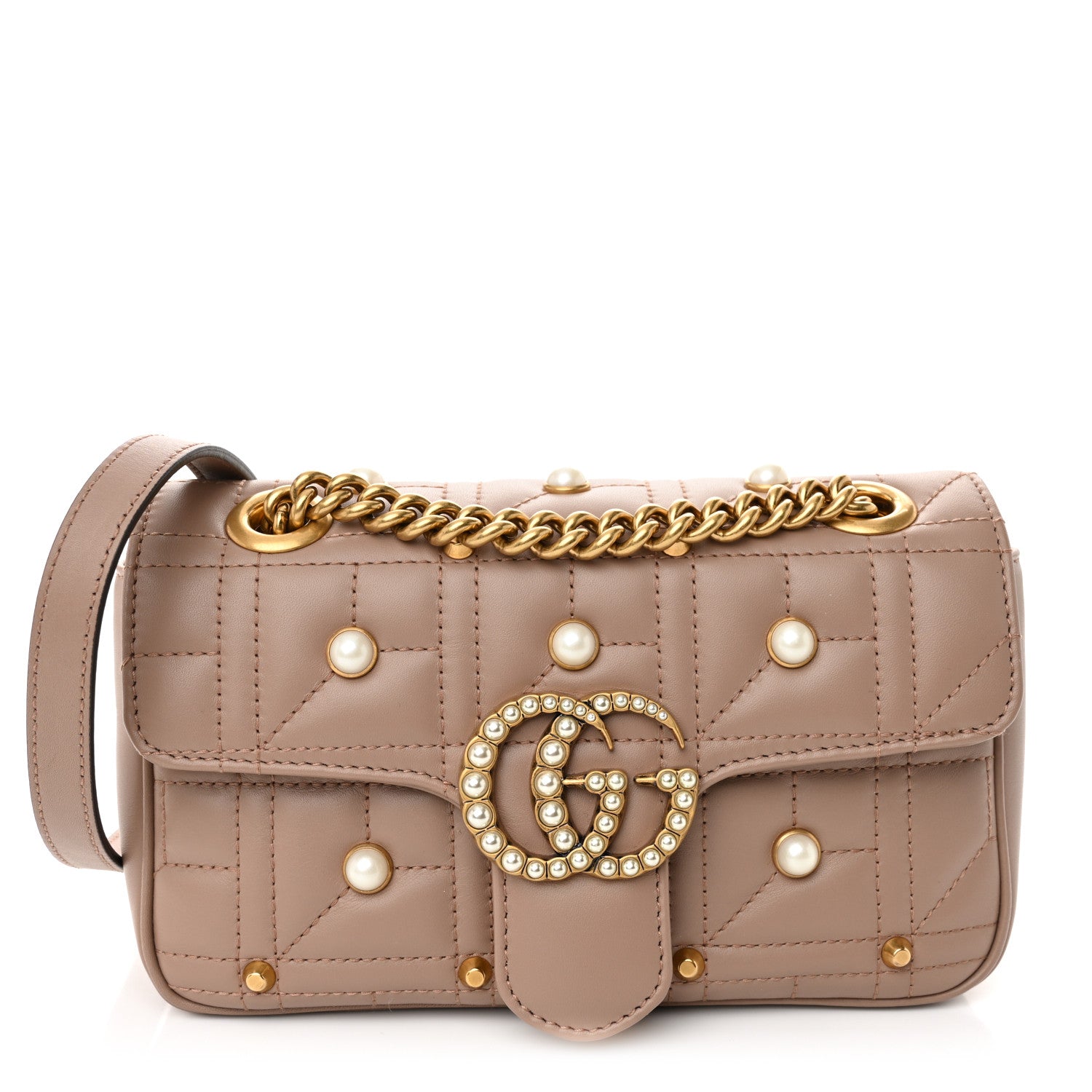 Gucci Calfskin Matelasse Studded Mini Pearly GG Marmont Shoulder Bag Porcelain Rose 1 of 10