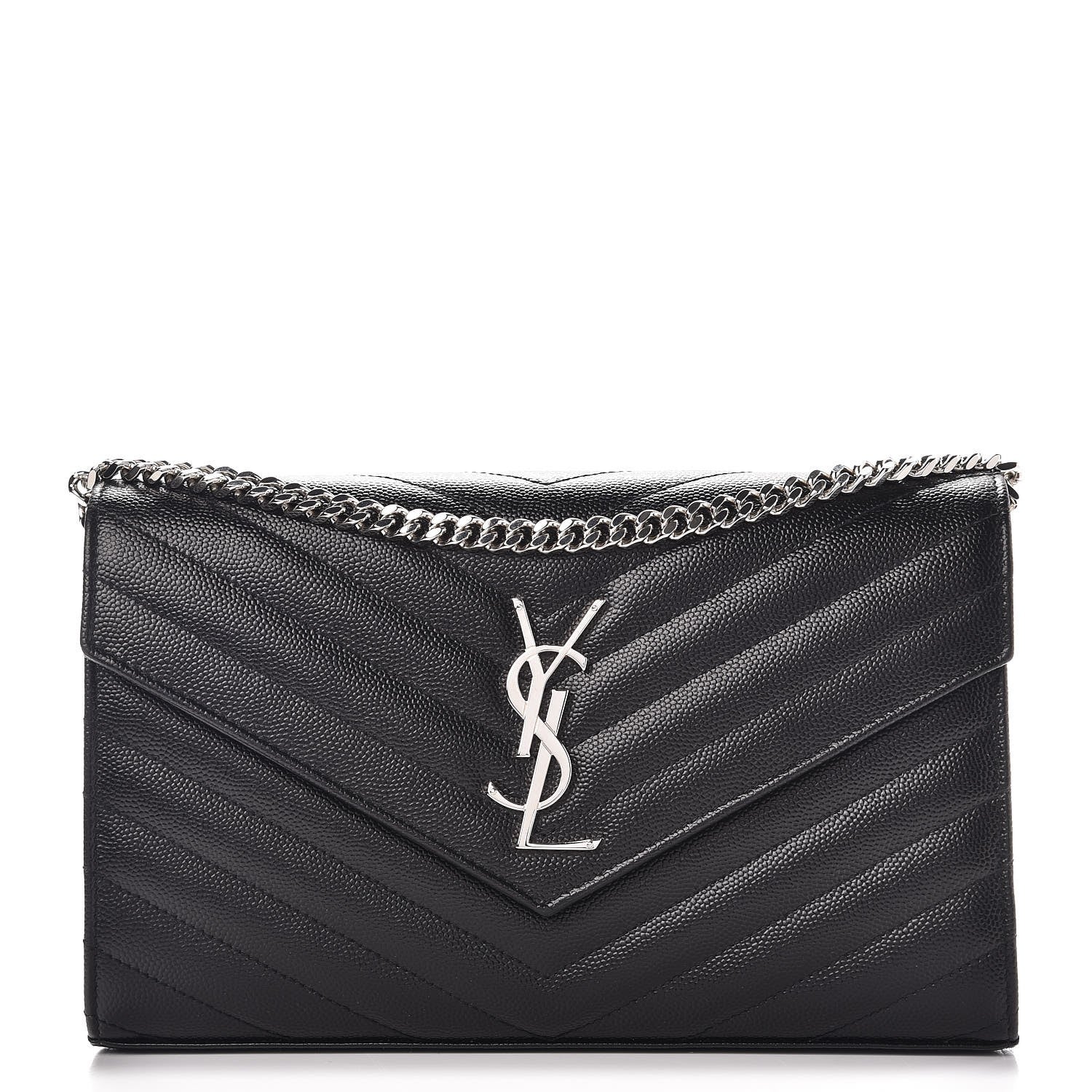 Saint Laurent Grain De Poudre Matelasse Chevron Monogram Chain Wallet Black 1 of 8