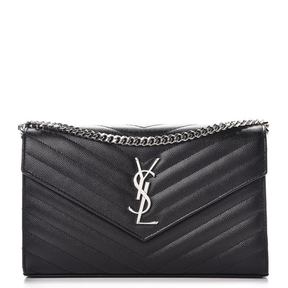 Saint Laurent Grain De Poudre Matelasse Chevron Monogram Chain Wallet Black 1 of 8