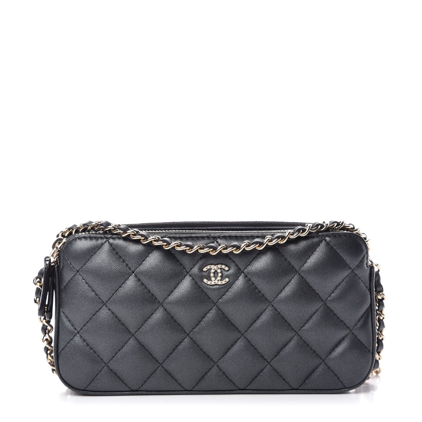 Iridescent Lambskin Quilted Pearl Clutch With Chain Black