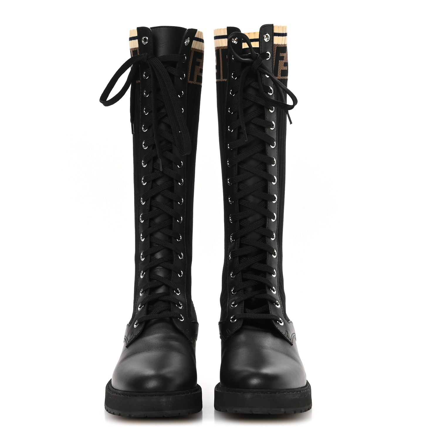 Fendi Calfskin Stretch Fabric FF Rockoko Tall Biker Boots 37 Tobacco Black Marino 3 of 8