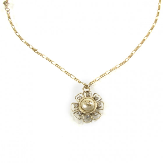 Crystal Pearl Flower CC Pendant Necklace Gold