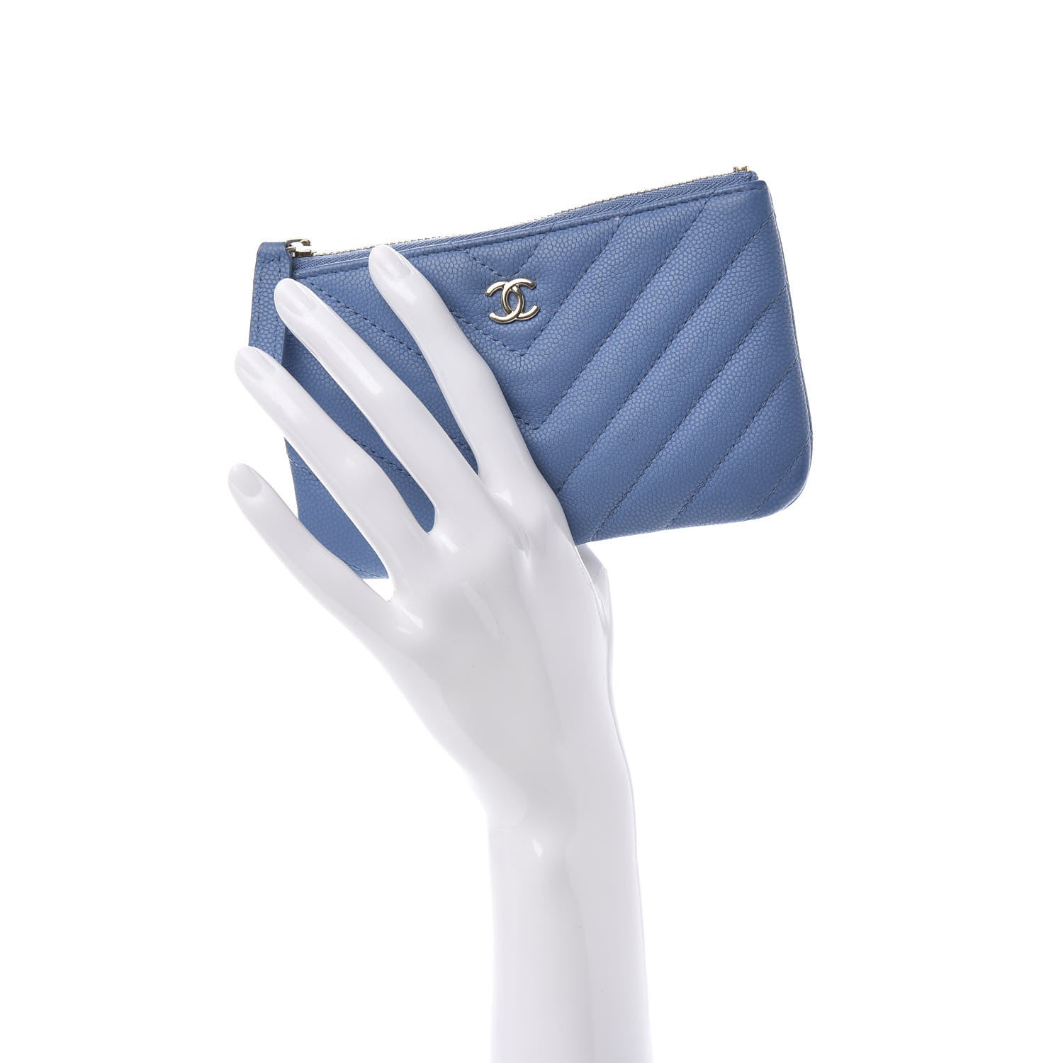 Chanel Caviar Flat Chevron Quilted Small Cosmetic Case Blue 2 of 10