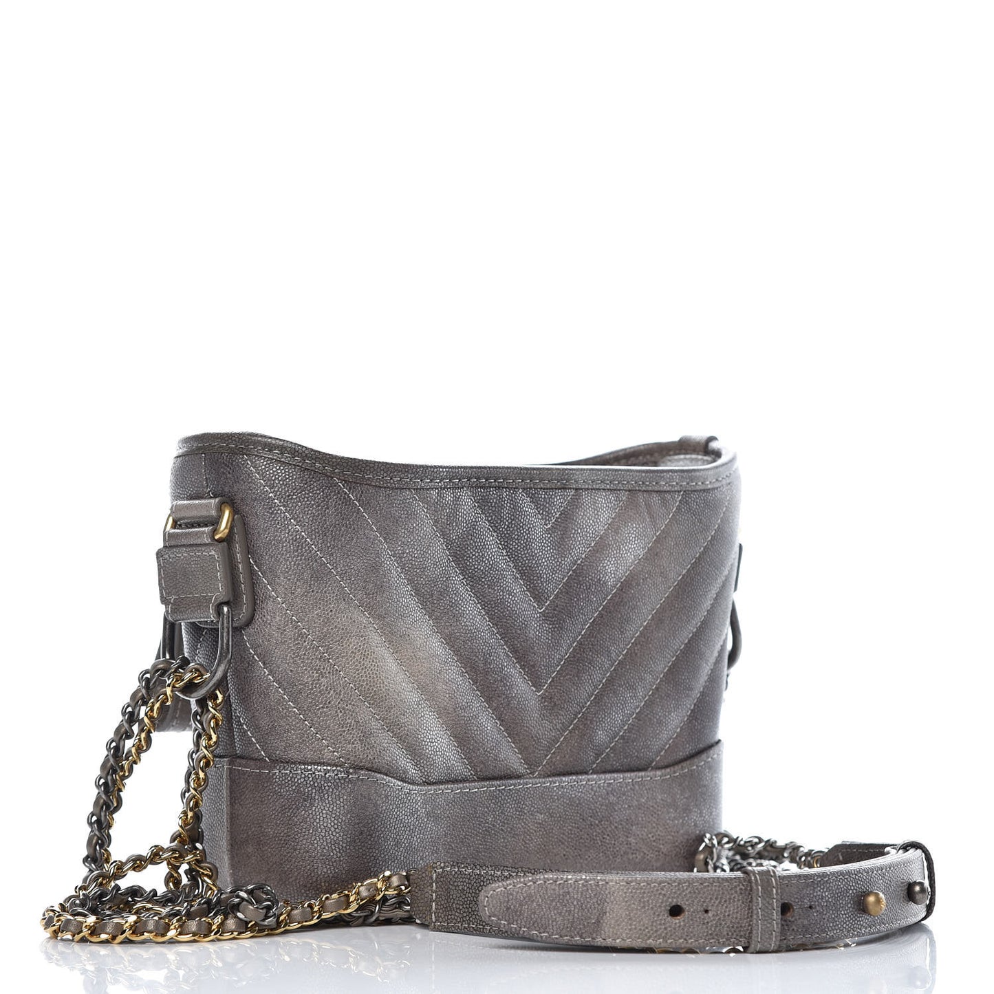Metallic Grained Goatskin Chevron Quilted Small Gabrielle Hobo Dark Silver Gold