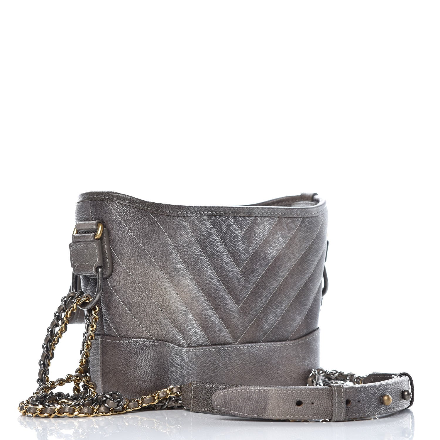Chanel Metallic Grained Goatskin Chevron Quilted Small Gabrielle Hobo Dark Silver Gold 4 of 8