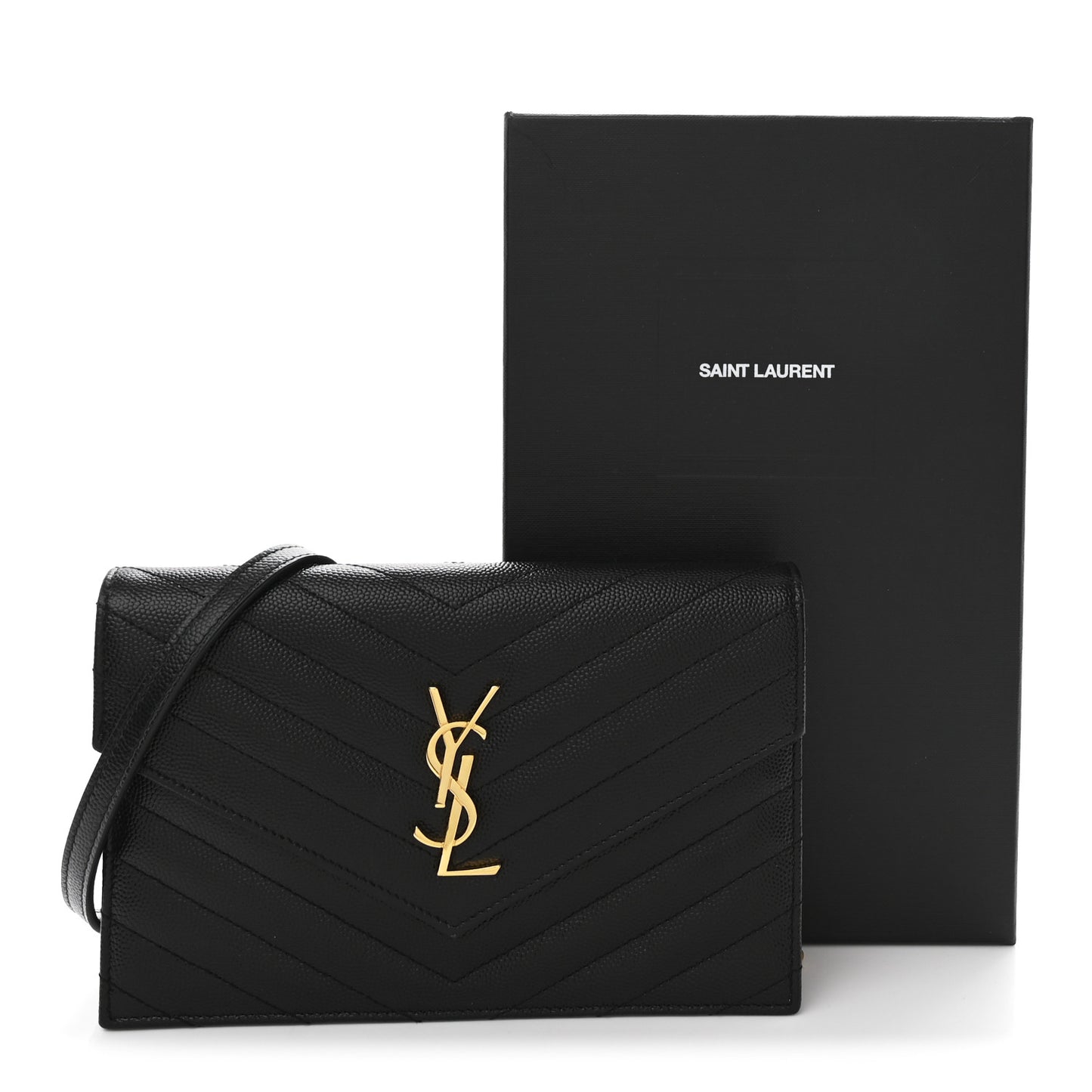 Grain De Poudre Matelasse Chevron Monogram Envelope Chain Wallet Black