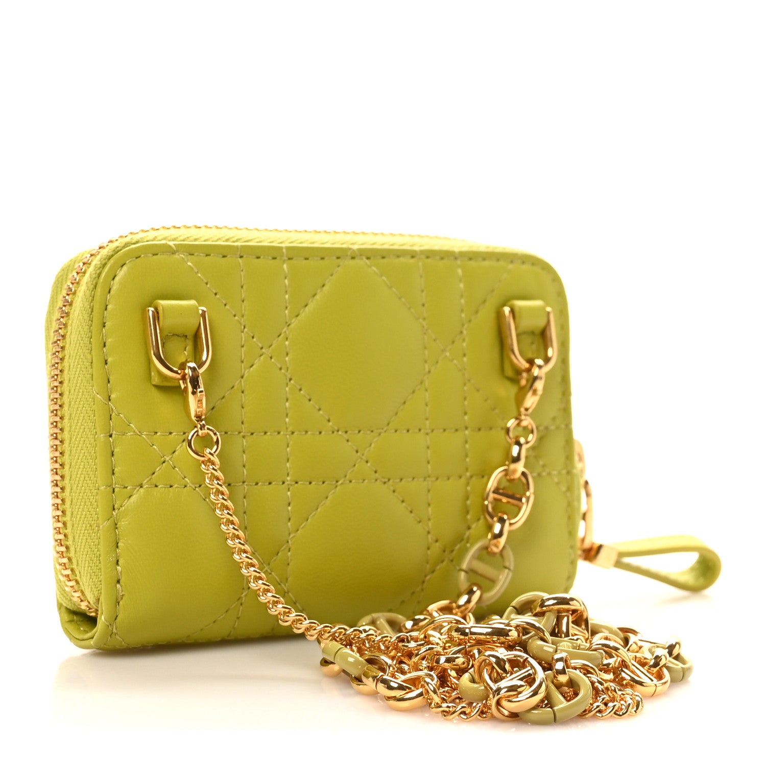 Christian Dior Lambskin Cannage Mini Caro Zipped Pouch on Chain Lime 3 of 10