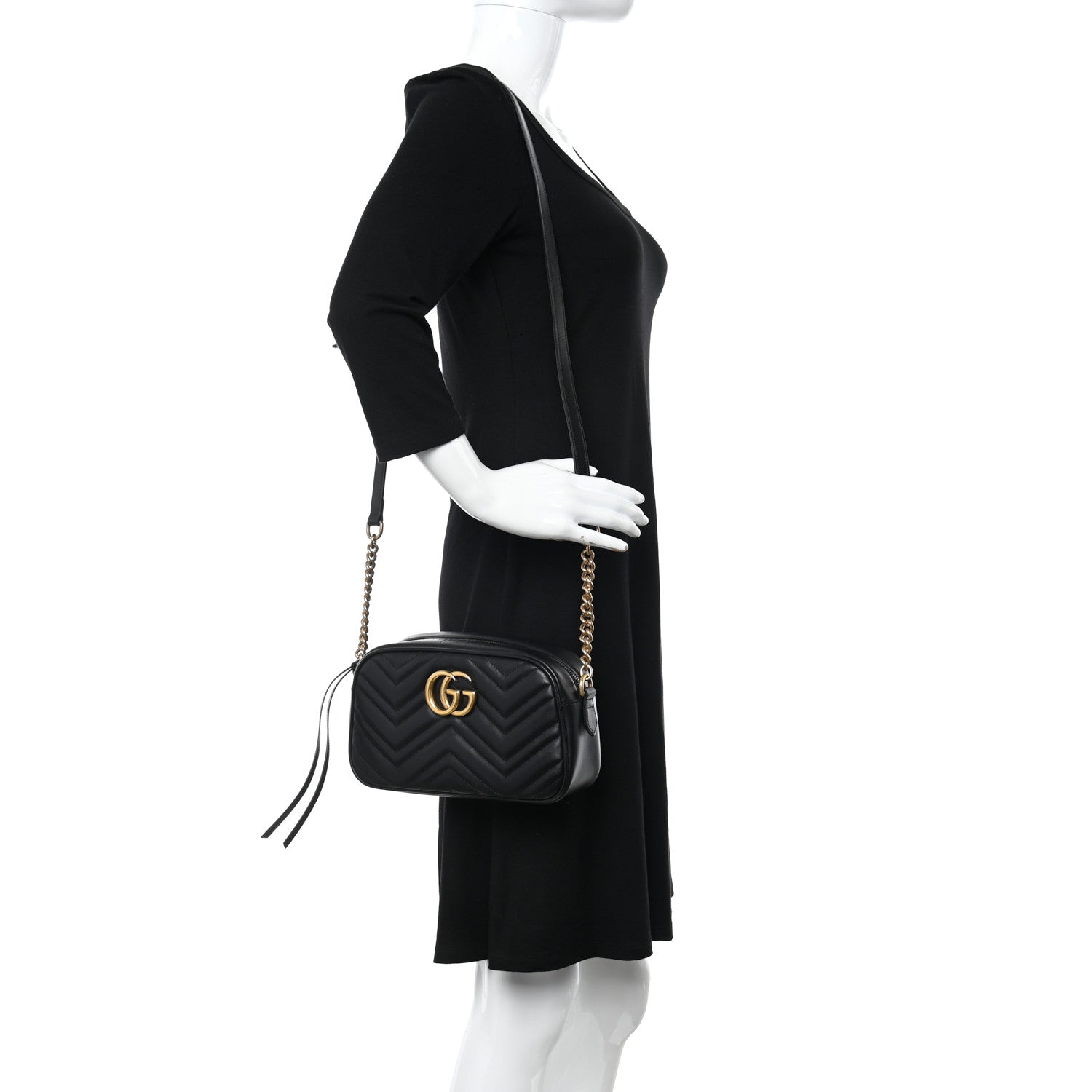 Gucci Calfskin Matelasse Small GG Marmont Chain Shoulder Bag Black 2 of 10
