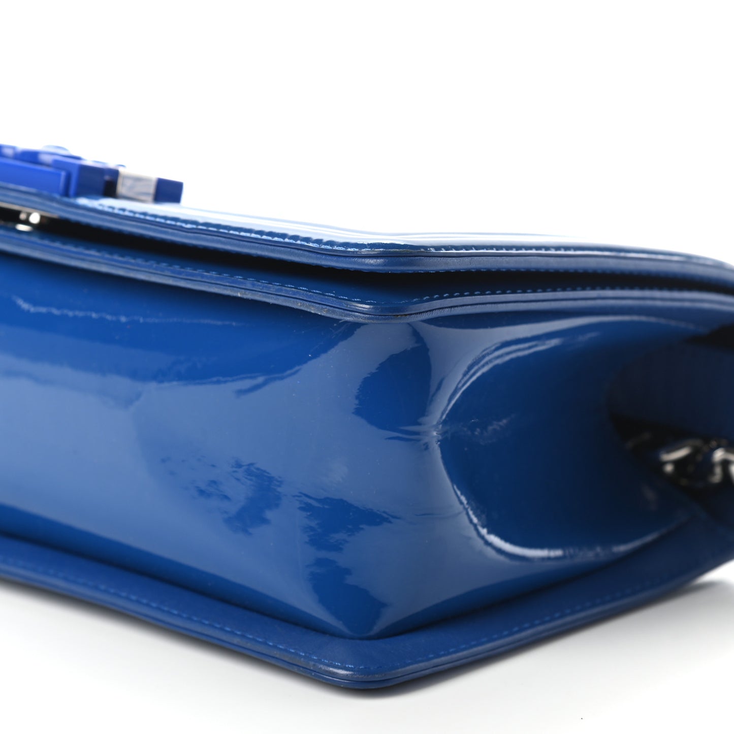 Patent Calfskin Quilted Medium Plexiglass Boy Flap Blue