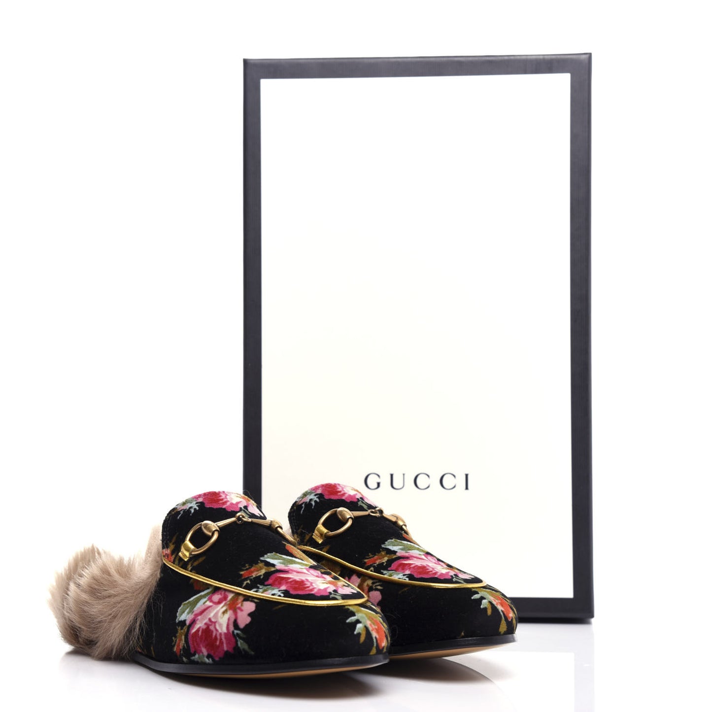 Velvet Fur Floral Womens Princetown Slippers 36 Black
