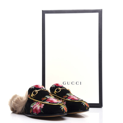 Gucci Velvet Fur Floral Womens Princetown Slippers 36 Black 10 of 10