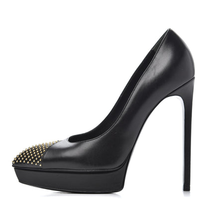 Saint Laurent Calfskin Studded Cap Toe Janis 105 Platform Pumps 38 Black 1 of 25