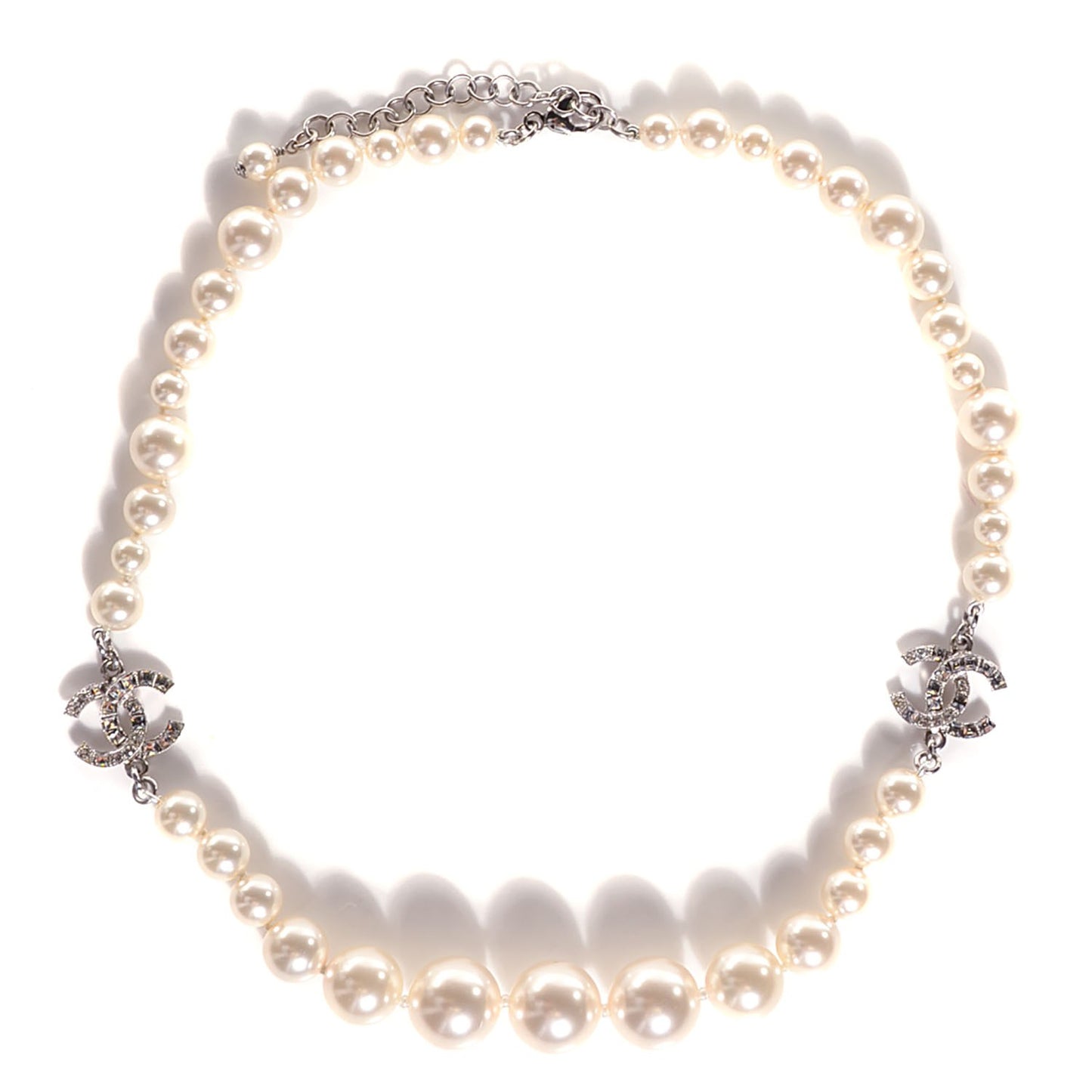 Crystal Baguette Pearl CC Short Necklace Silver