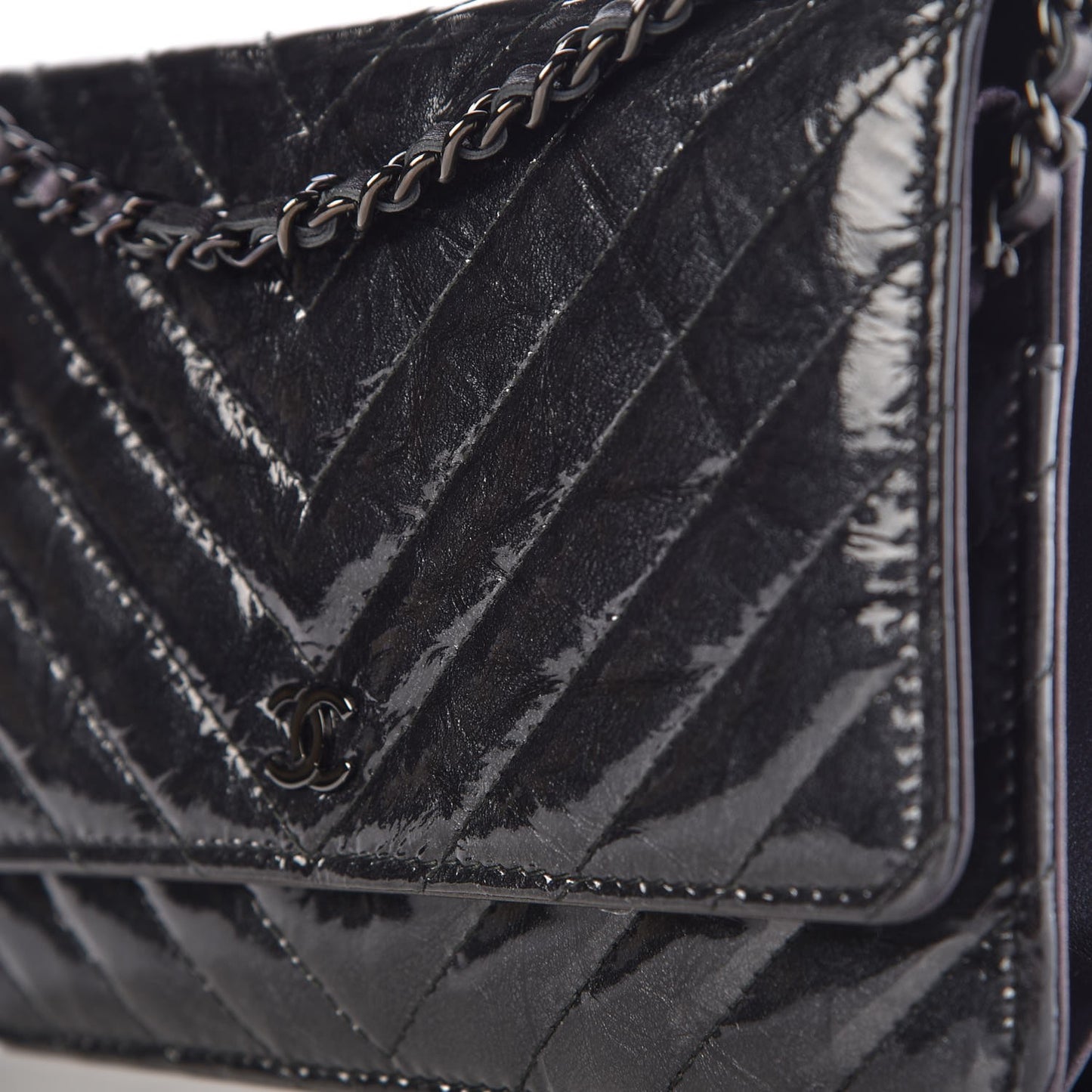Patent Metallic Crumpled Calfskin Chevron Quilted Wallet On Chain WOC Black