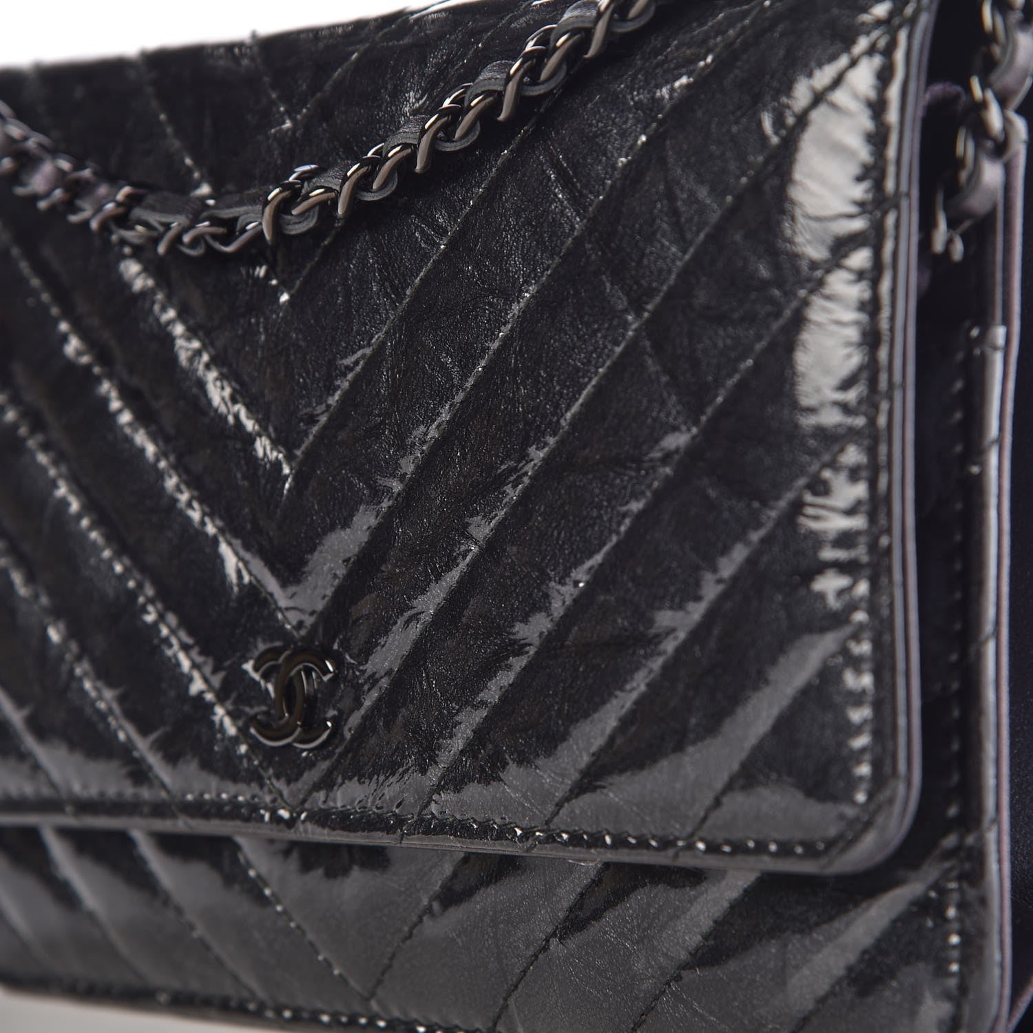 Chanel Patent Metallic Crumpled Calfskin Chevron Quilted Wallet On Chain WOC Black 11 of 21