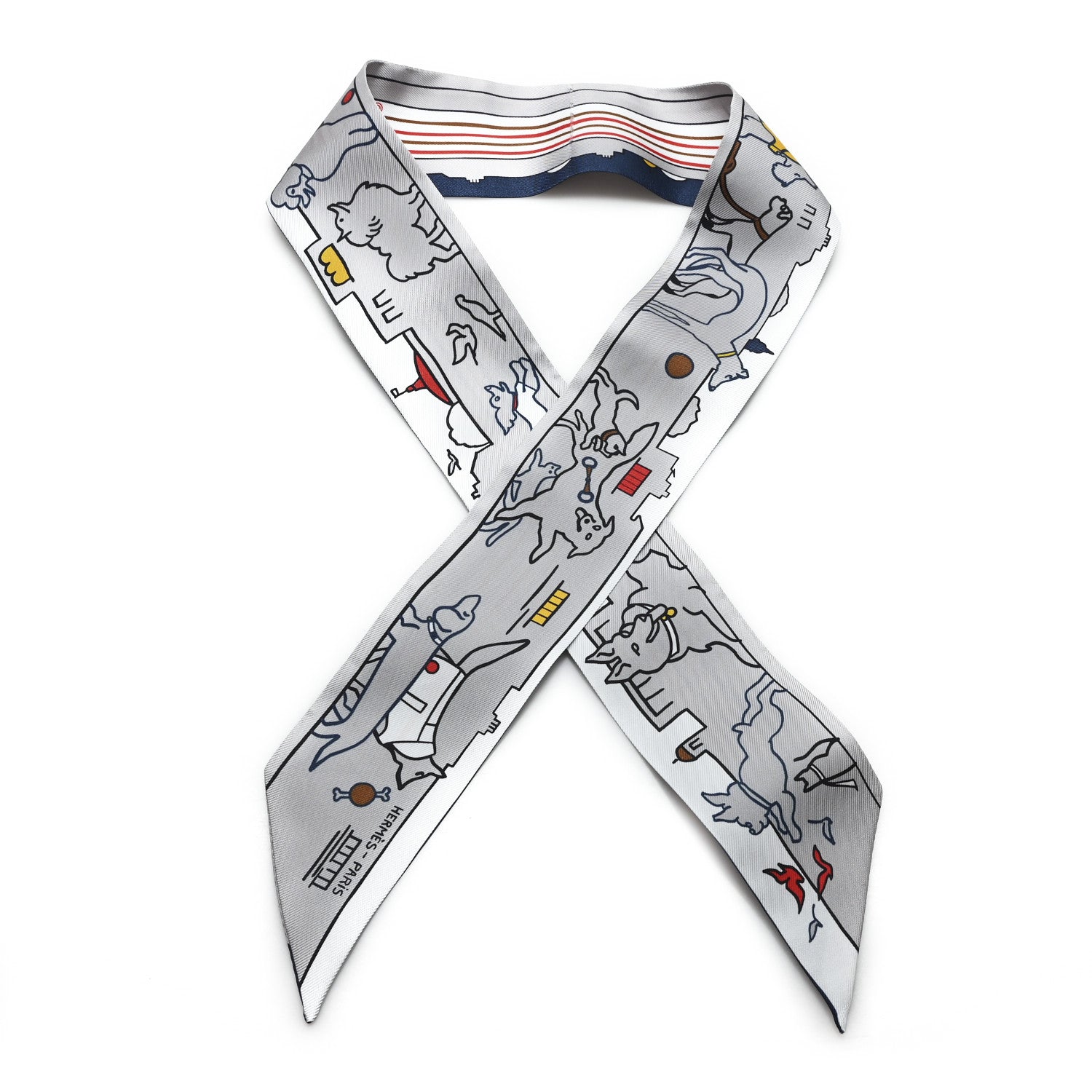 Hermes Silk Les Chiens Parisiens Twilly Gris Perle Bleu Jaune 1 of 3