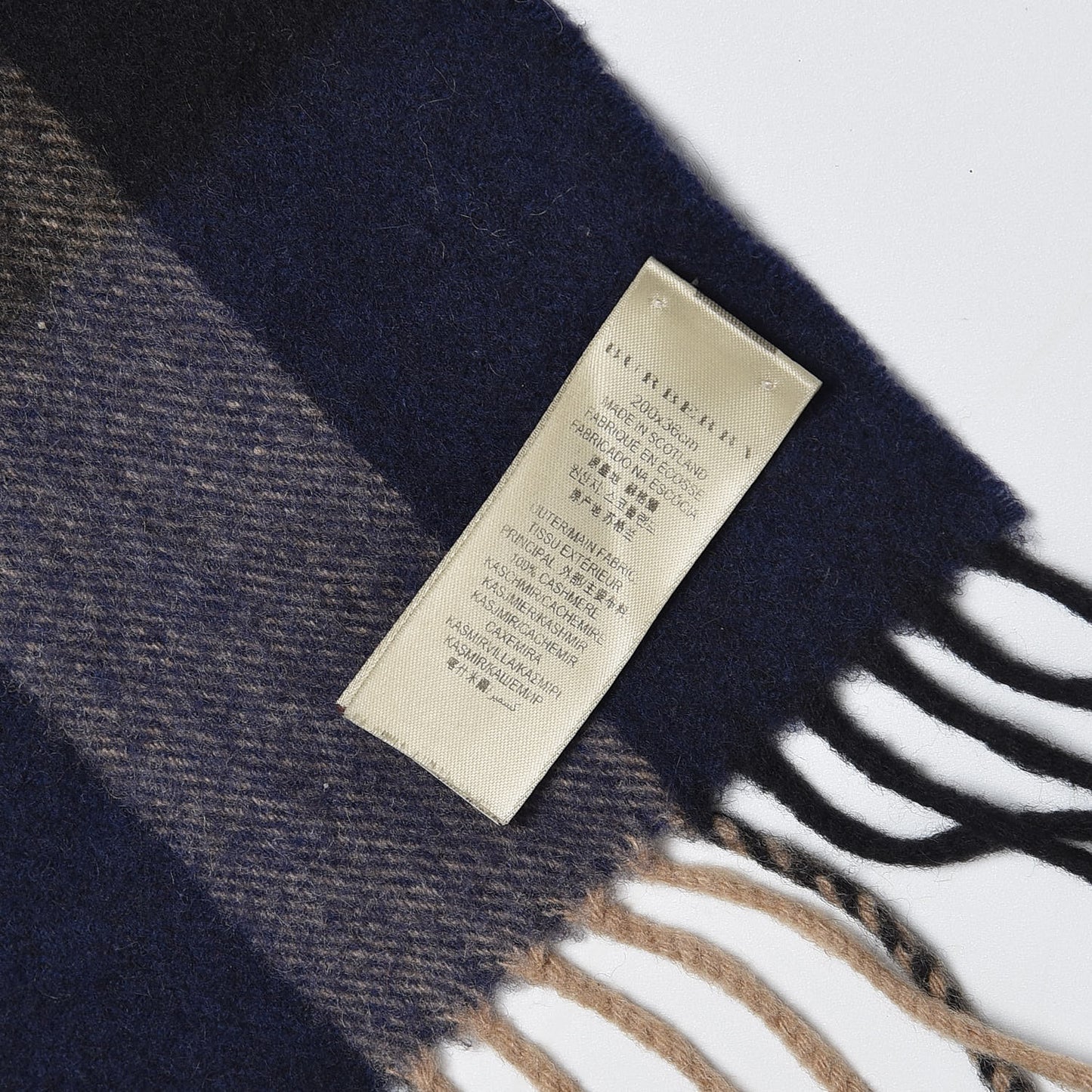 Cashmere Giant Check Fringe Scarf Blue