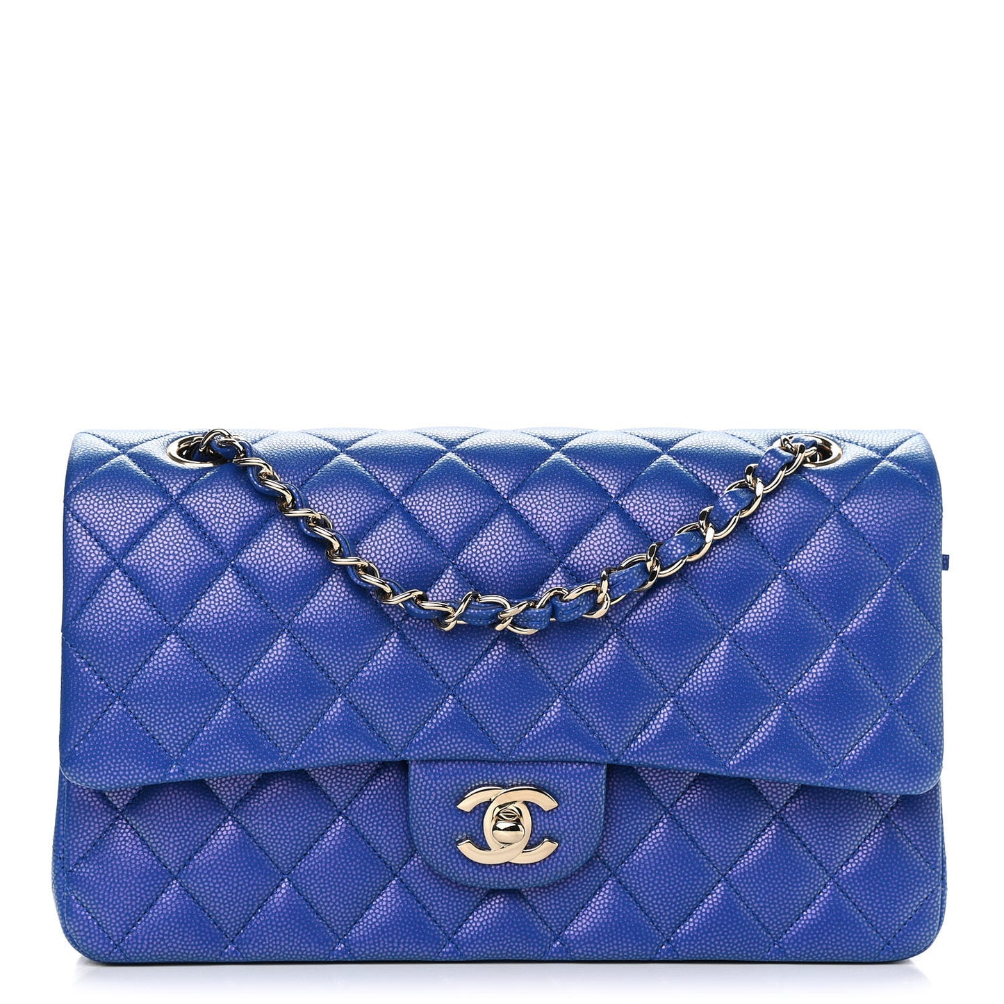 Iridescent Caviar Quilted Medium Double Flap Blue