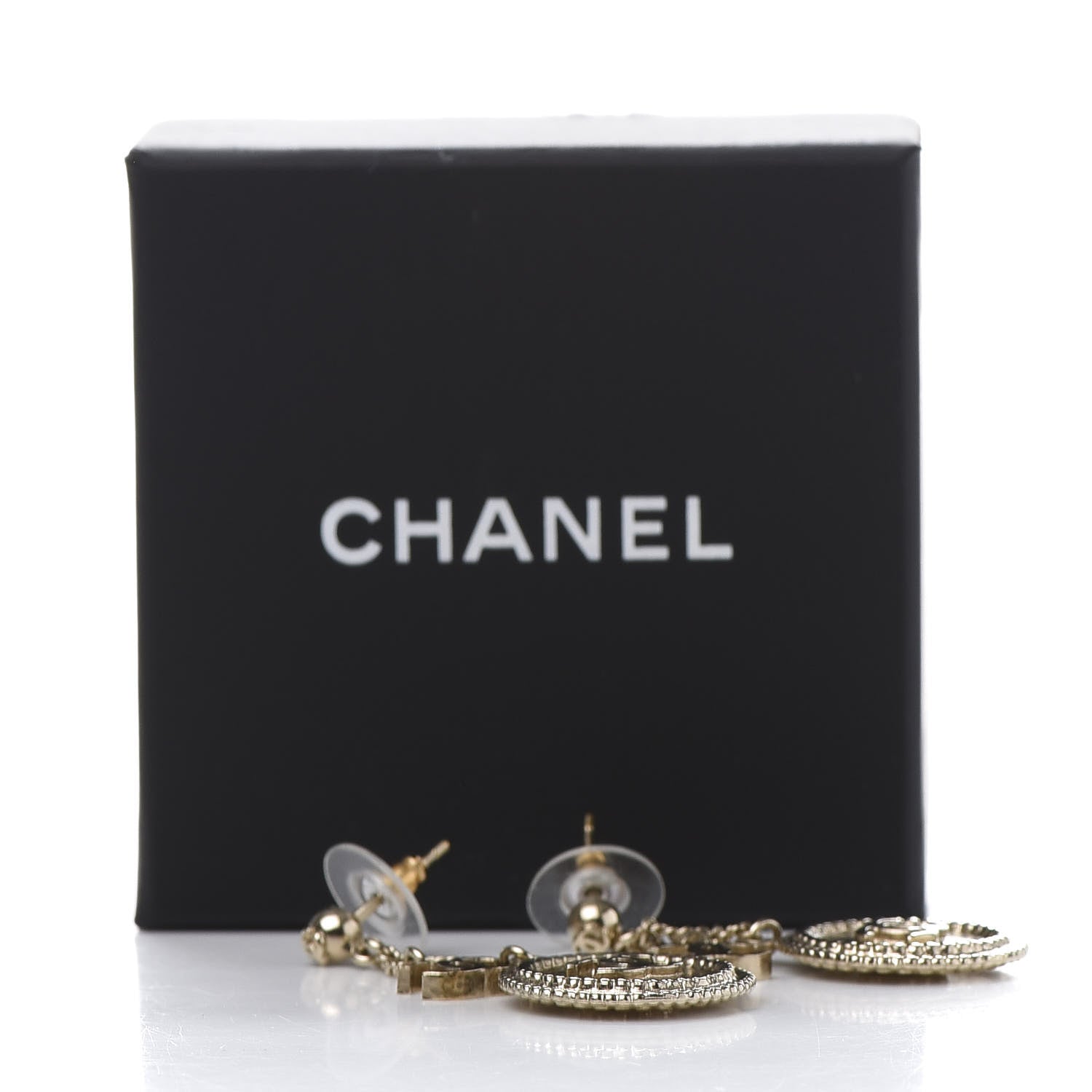 Chanel Medallion Clover CC Drop Earrings Light Gold 6 of 6