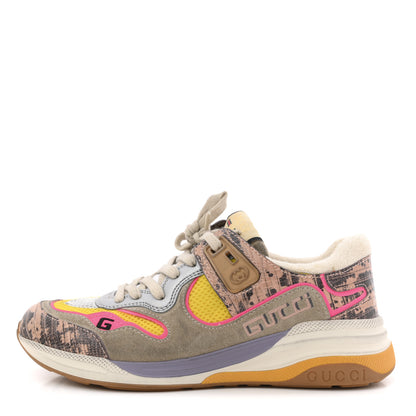 Gucci Suede Calfskin Tejus Printed Womens Ultrapace Sneakers 37.5 Pink Silver Oatmeal Yolk 1 of 12