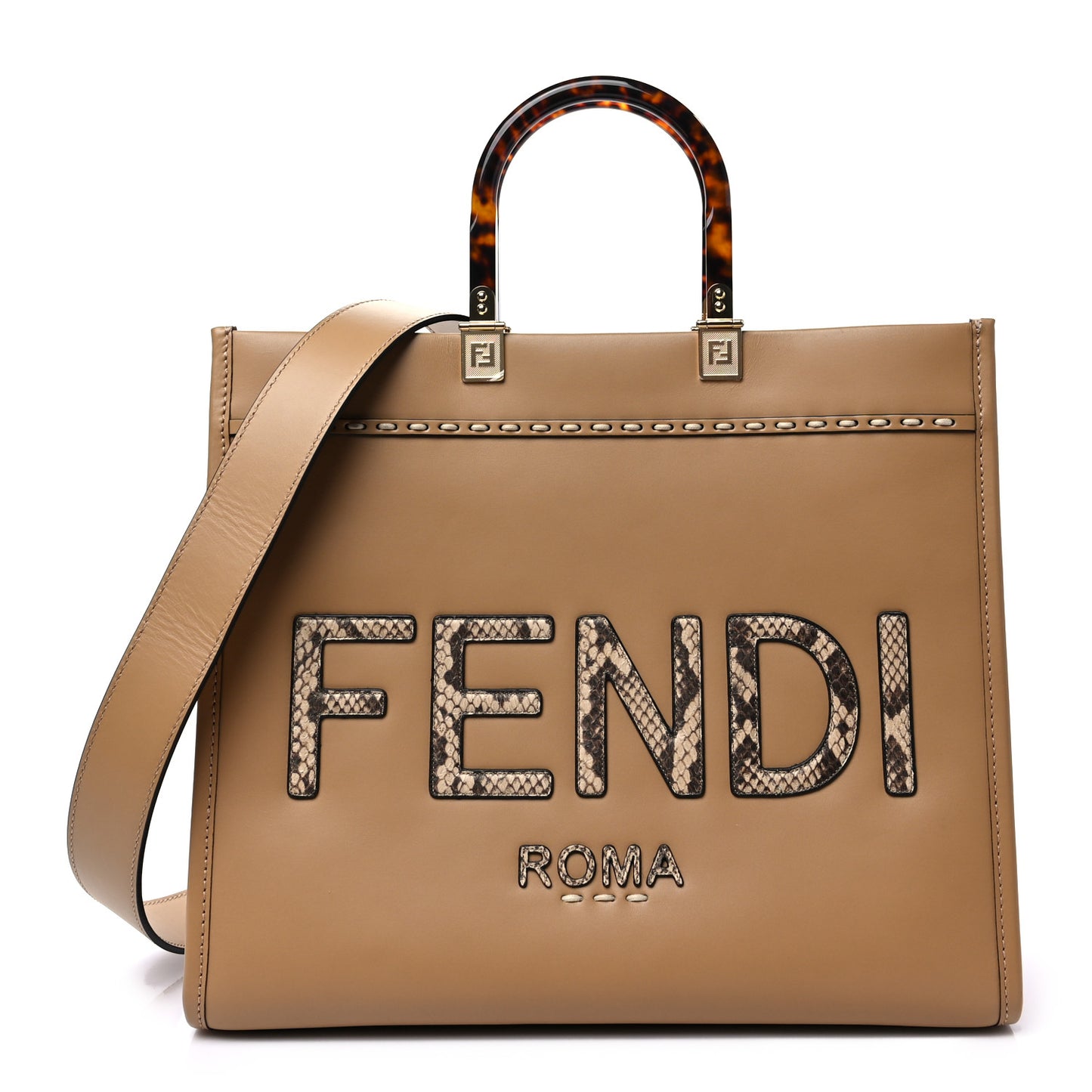 Vitello King Plexiglass Elaphe Python Print Logo Medium Fendi Sunshine Shopper Tote Miele Scuro Makeup
