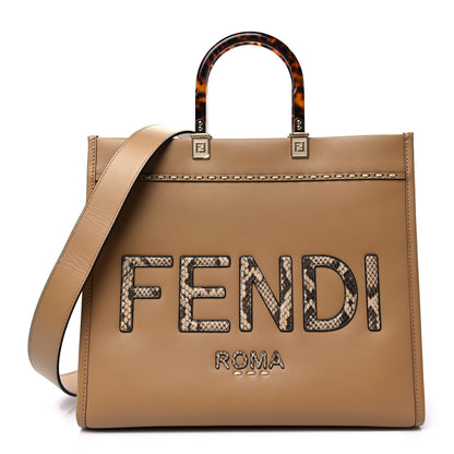 Fendi Vitello King Plexiglass Elaphe Python Print Logo Medium Fendi Sunshine Shopper Tote Miele Scuro Makeup 1 of 7