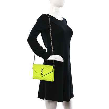 Saint Laurent Patent Grain De Poudre Matelasse Chevron Monogram Chain Wallet Neon Yellow 2 of 12