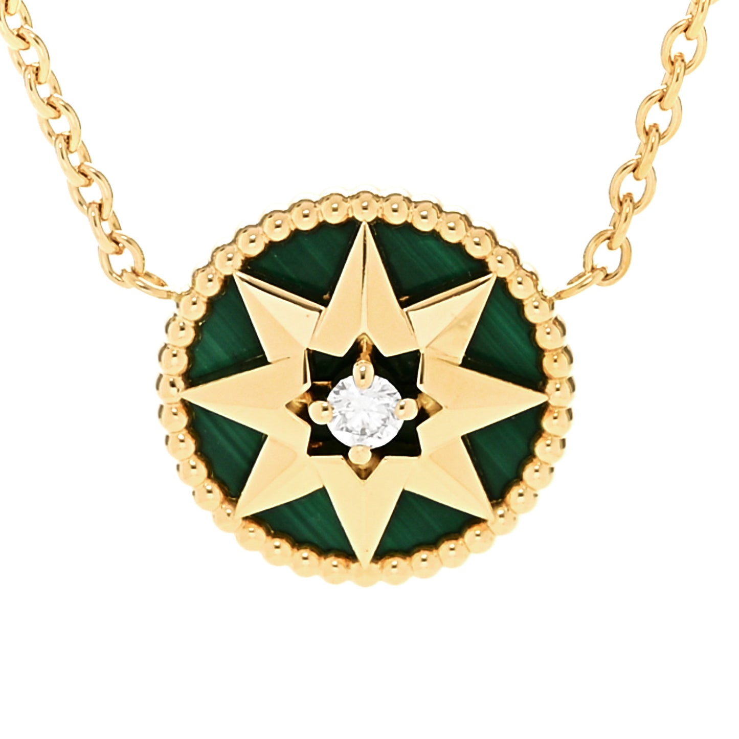 18K Yellow Gold Diamond Malachite Rose Des Vents Necklace