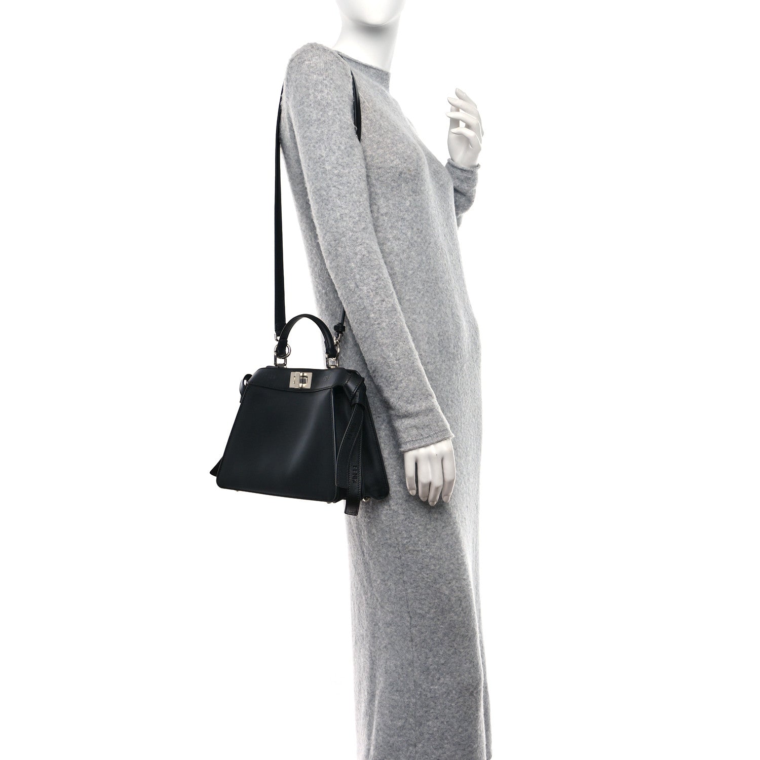 Fendi Vitello Seta Shiny Nappa Logo Embossed Laces Small Peekaboo I SEE U Satchel Black 2 of 9