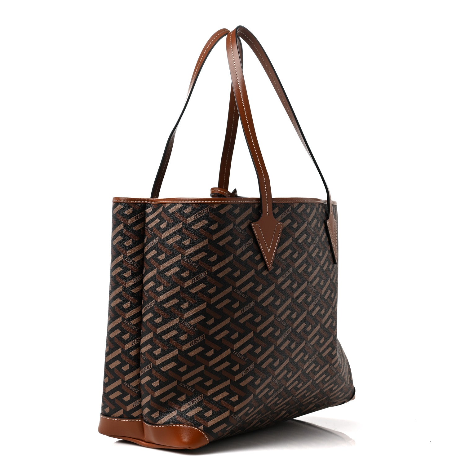 Versace Coated Canvas Calfskin La Greca Signature Shopper Tote Bag Black Caramel 3 of 8