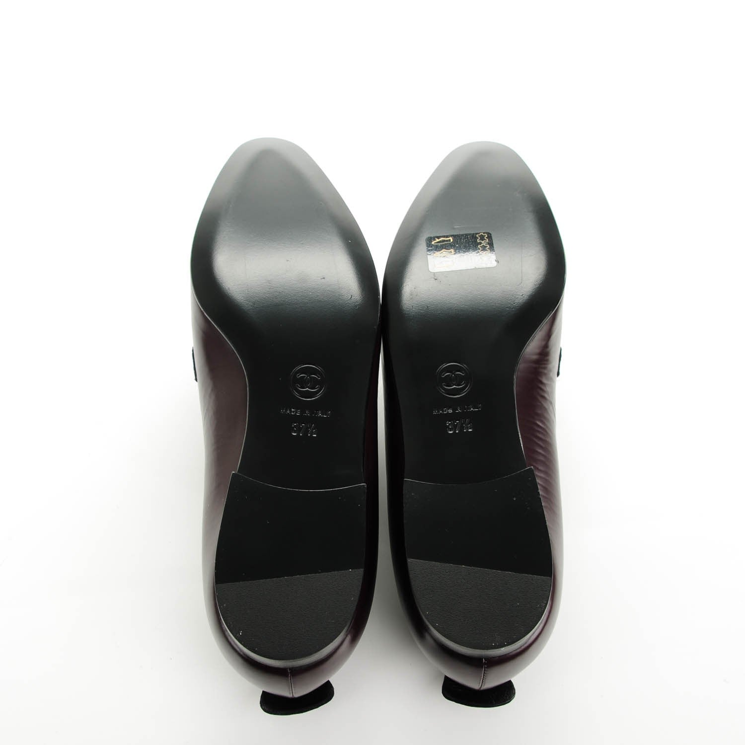 Chanel Crackled Goatskin Lambskin Cap Toe CC Charm Loafers 37.5 Dark Burgundy Navy 5 of 8