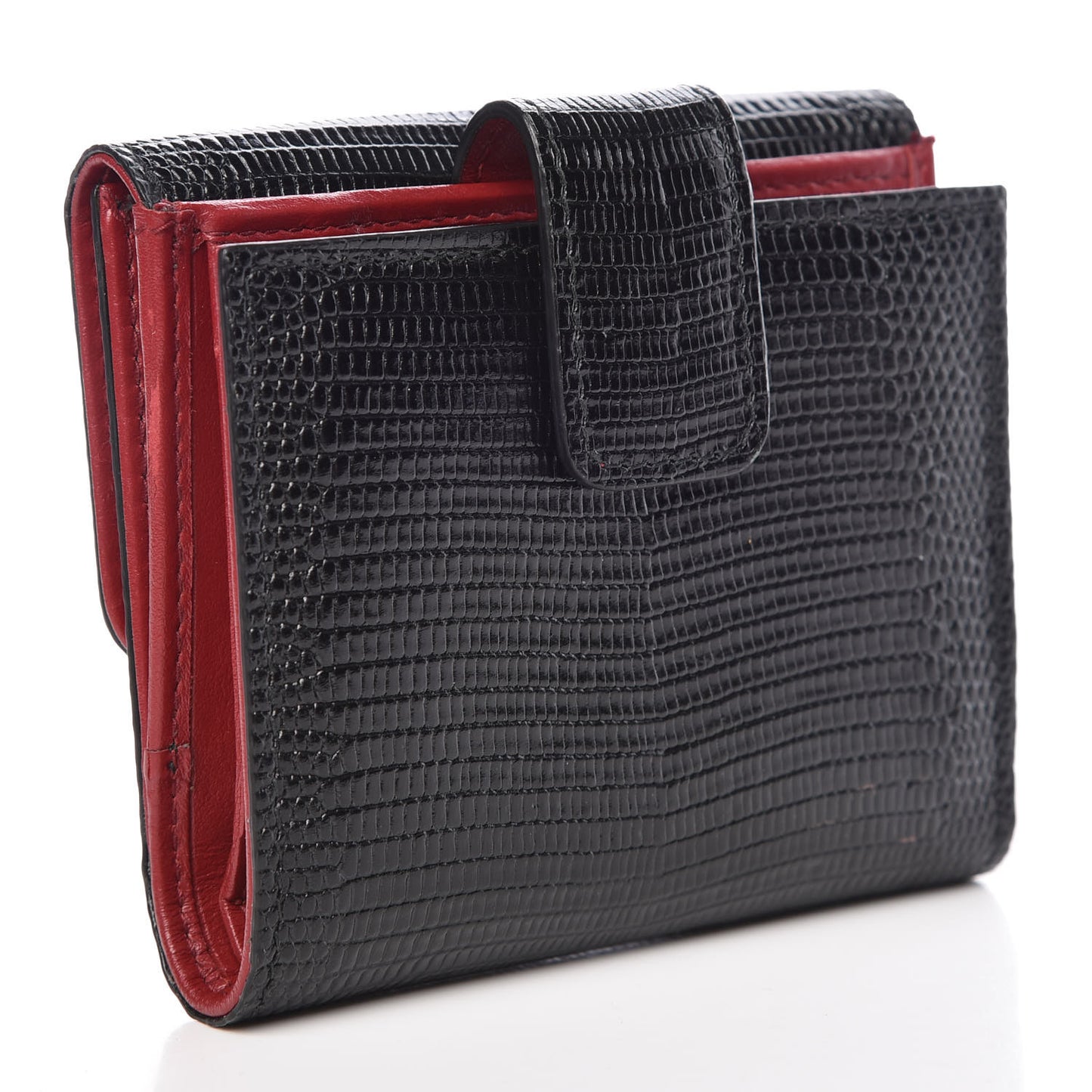Iguana Calfskin Embossed Embellished Logo French Flap Wallet Black