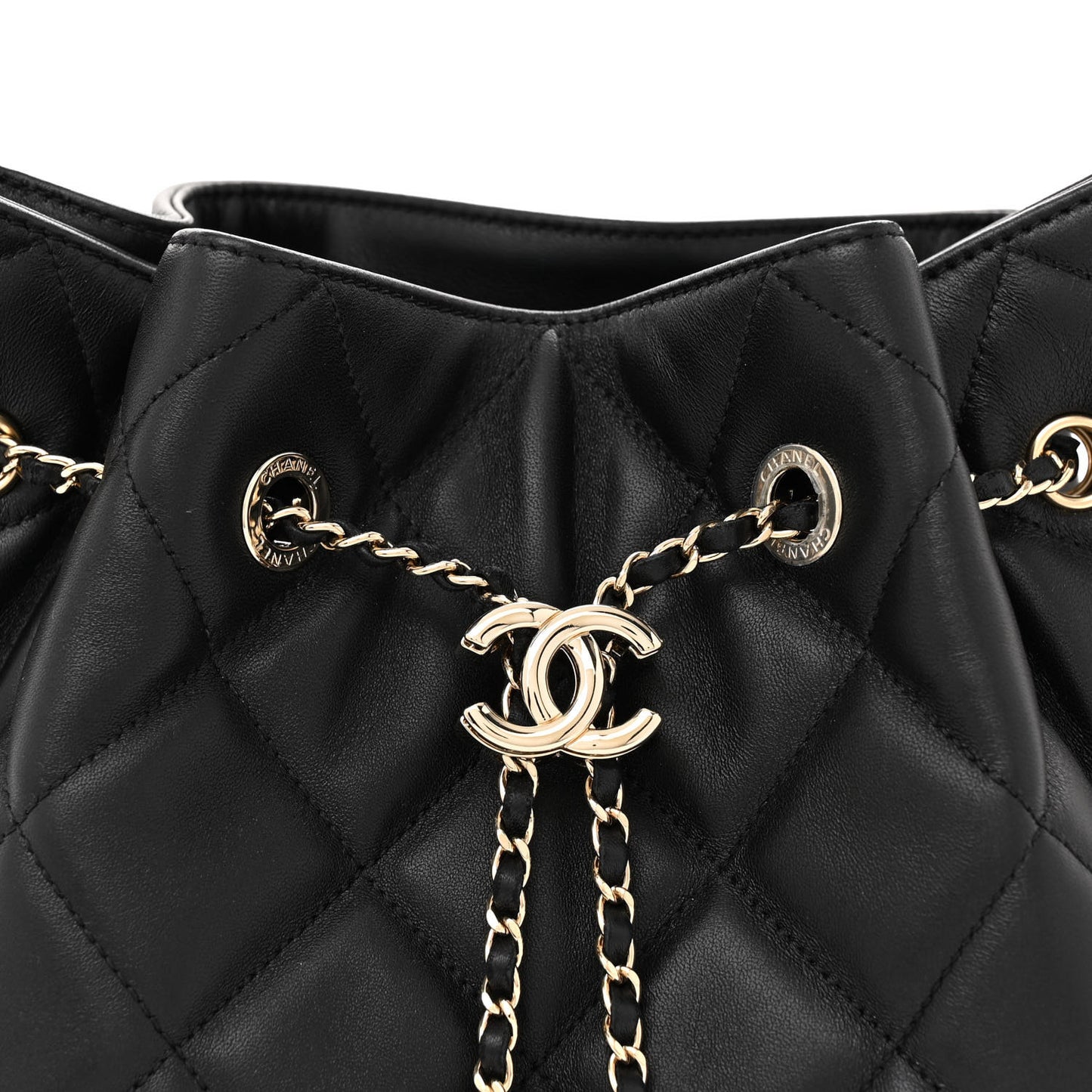 Lambskin Quilted Large CC Drawstring Bag Black