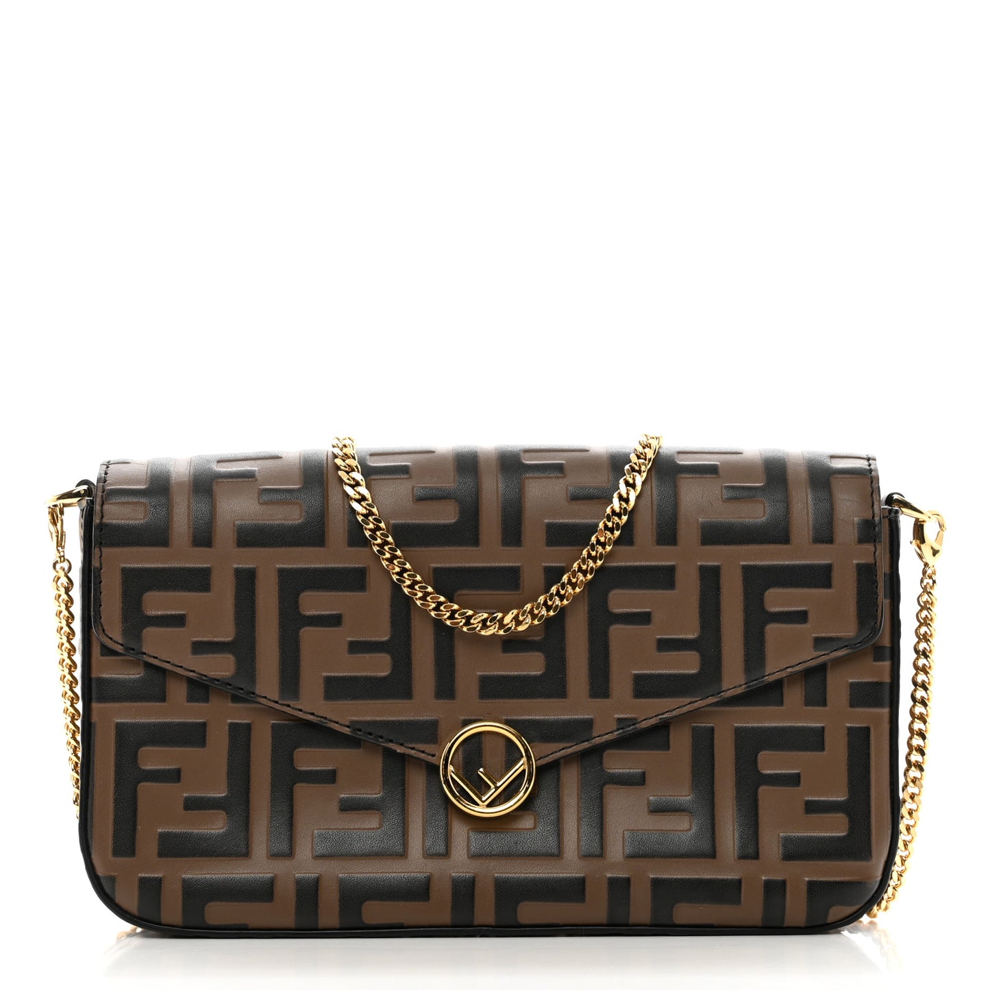 Vitello Soft F is Fendi Bi-Color FF 1974 Embossed Envelope Wallet On Chain with Pouches Maya Black