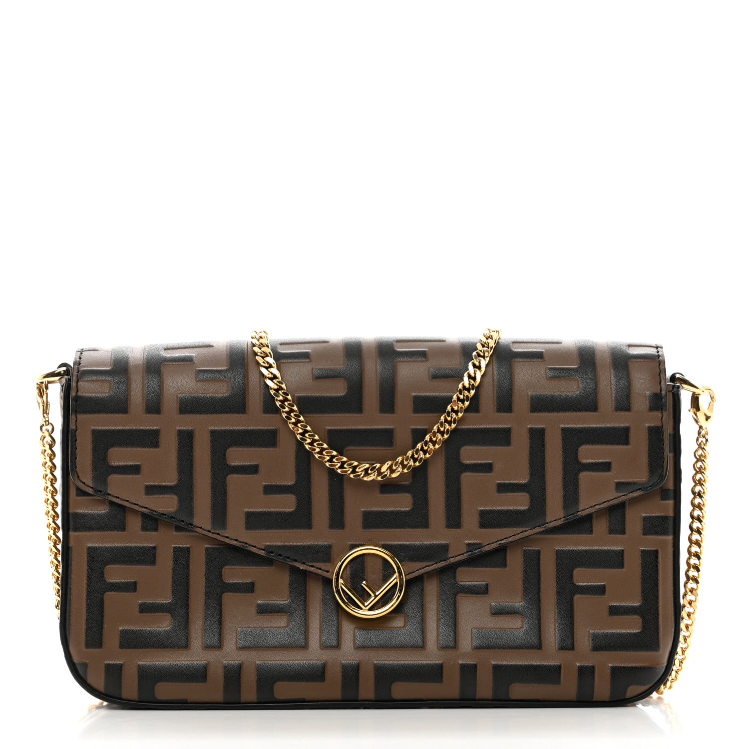 Fendi Vitello Soft F is Fendi Bi-Color FF 1974 Embossed Envelope Wallet On Chain with Pouches Maya Black 3 of 12