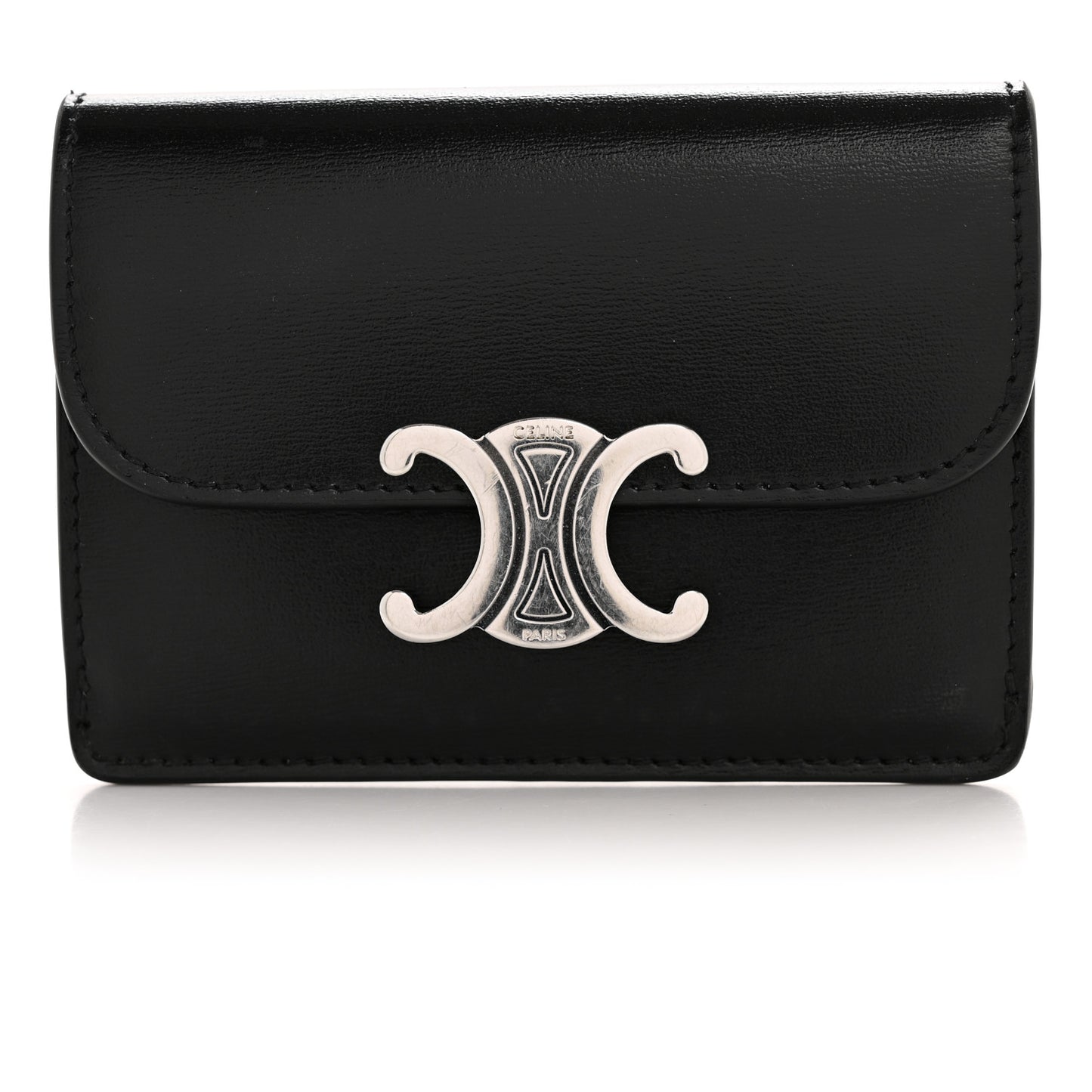 Shiny Calfskin Triomphe Flap Card Holder Black