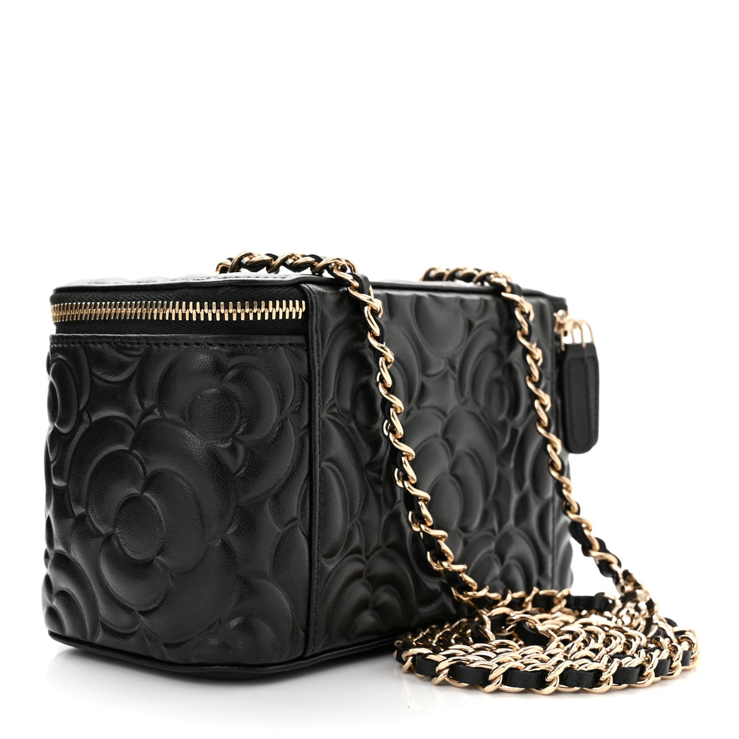Lambskin Camellia Embossed Small Vanity Case With Chain Black