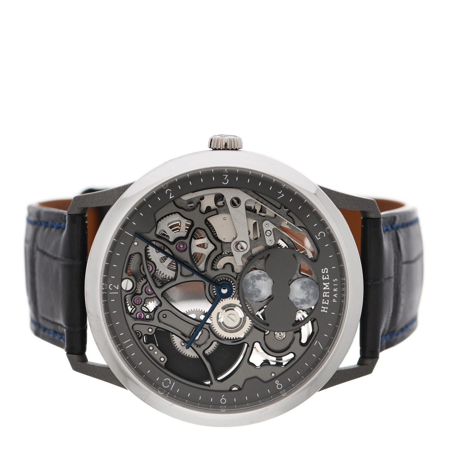 Platinum Titanium Alligator 39.5mm Slim d'Hermes Squelette Lune Automatic Watch Graphite