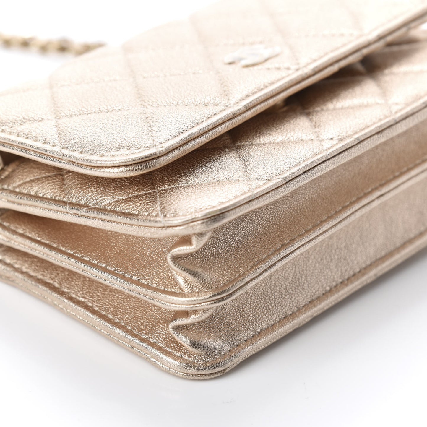 Metallic Lambskin Quilted Mini Wallet On Chain WOC Gold