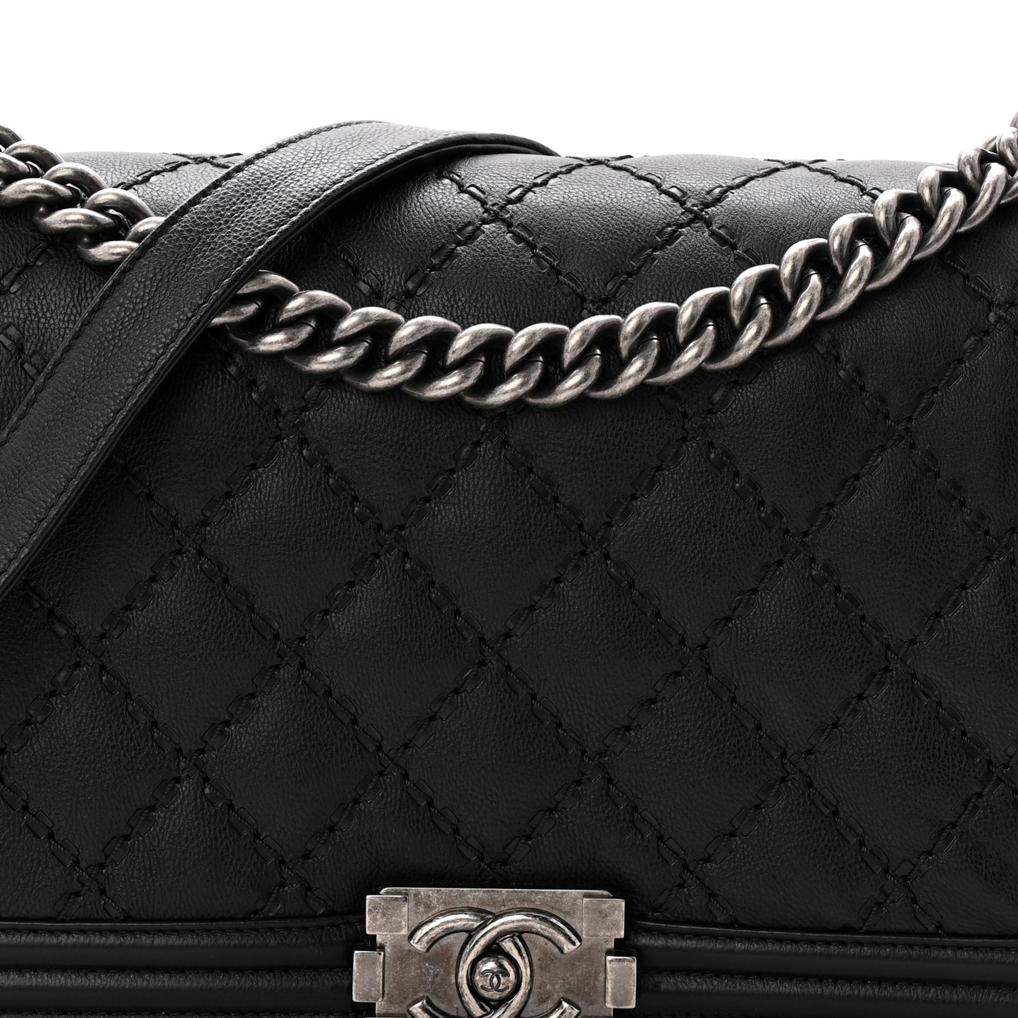 Calfskin Quilted Double Stitched New Medium Boy Flap Black