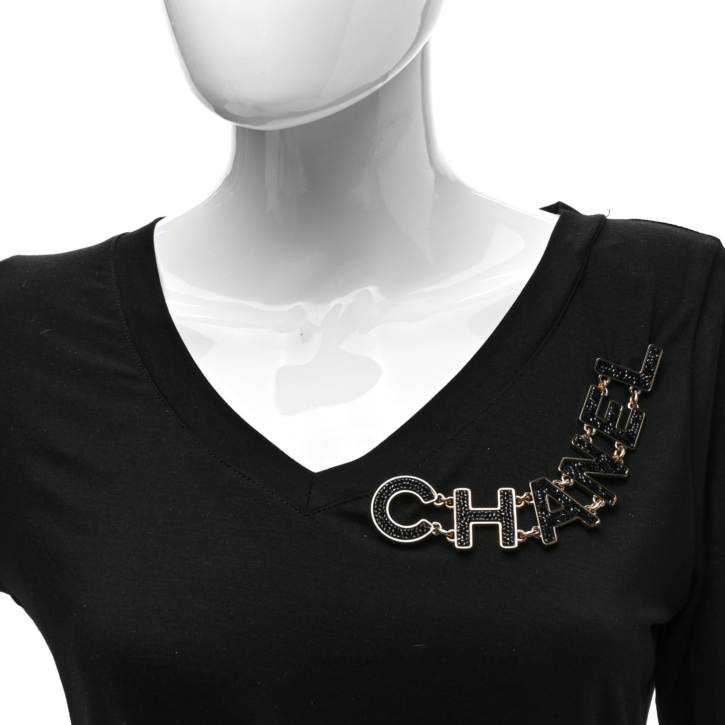 Crystal Cha-Nel Logo Brooch Black Gold