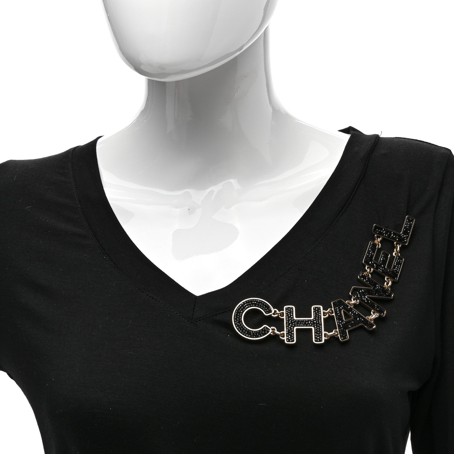 Chanel Crystal Cha-Nel Logo Brooch Black Gold 2 of 4
