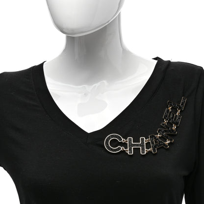 Chanel Crystal Cha-Nel Logo Brooch Black Gold 2 of 4