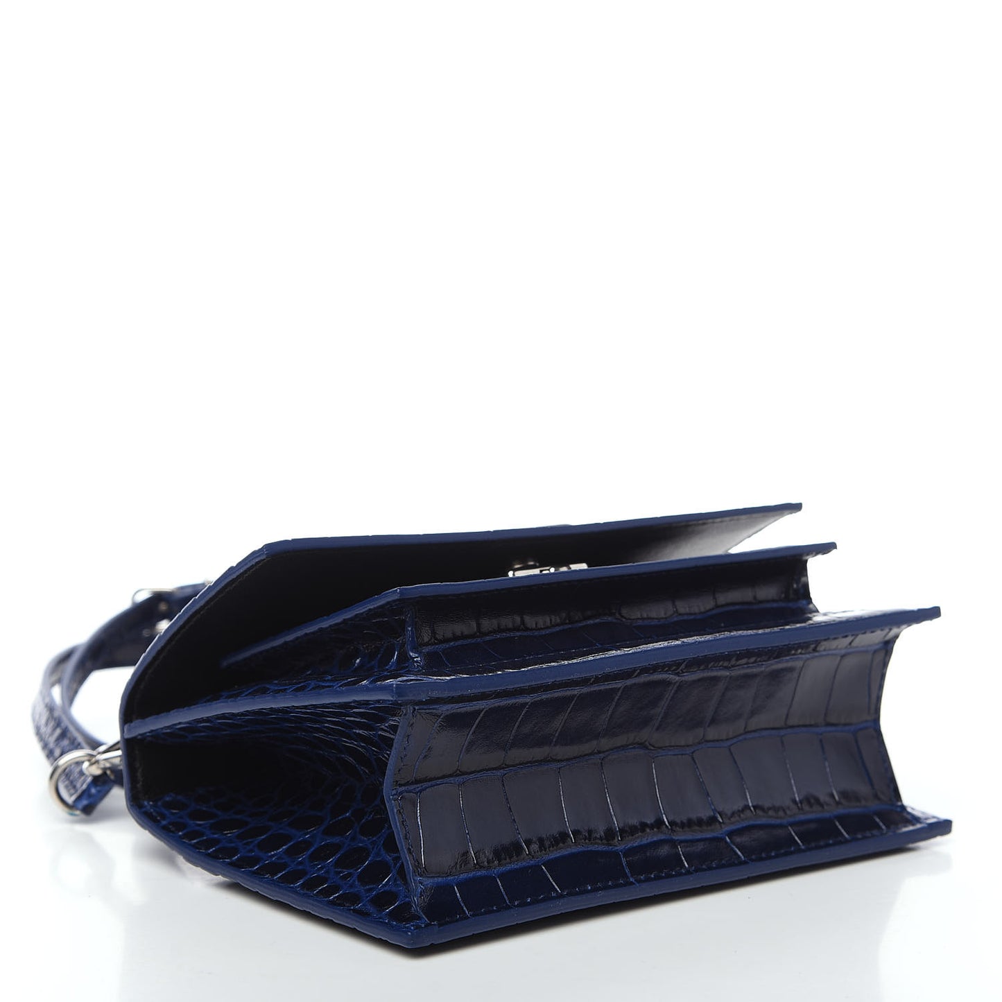 Shiny Calfskin Crocodile Embossed XS Sharp Top Handle Bag Navy