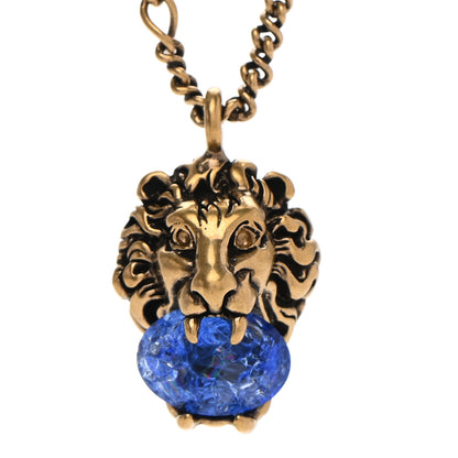 Gucci Metal Brass Swarovski Lion Head Necklace Gold Sapphire Blue 4 of 7